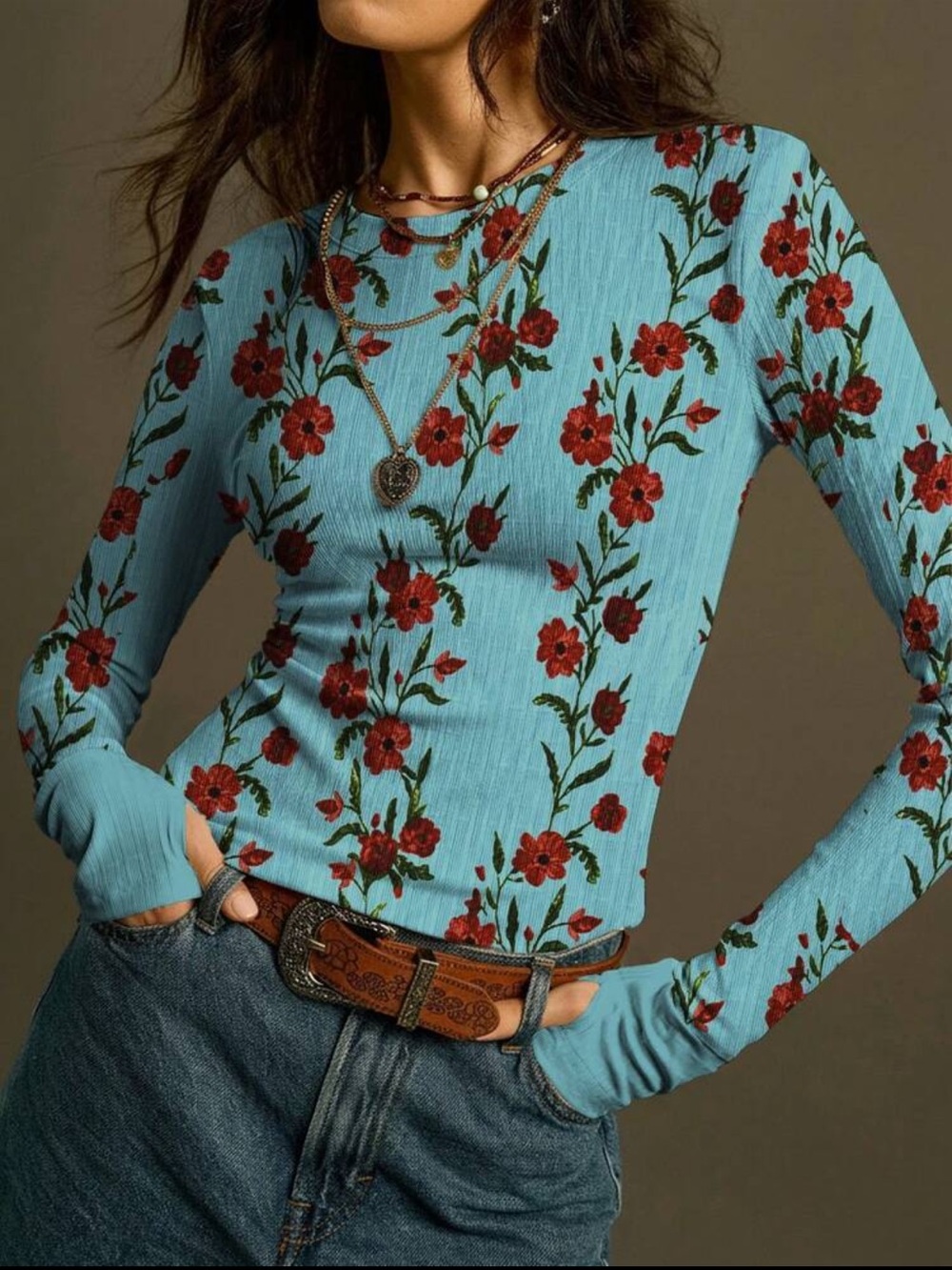 Turquoise Floral Long Sleeve Top